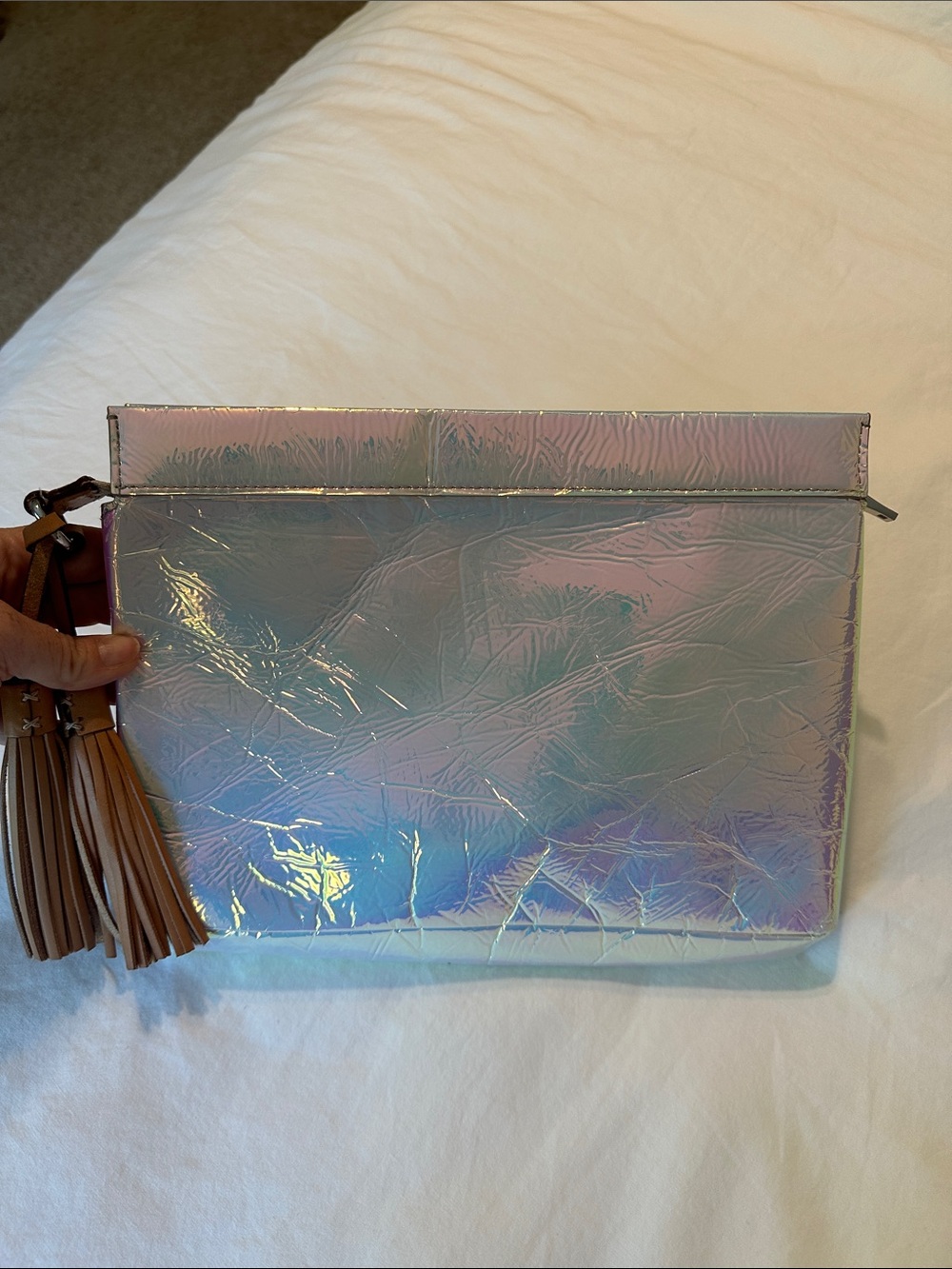 Iridescent JCREW Holographic Clutch Bag with Tassel - Silver/Pink Hues